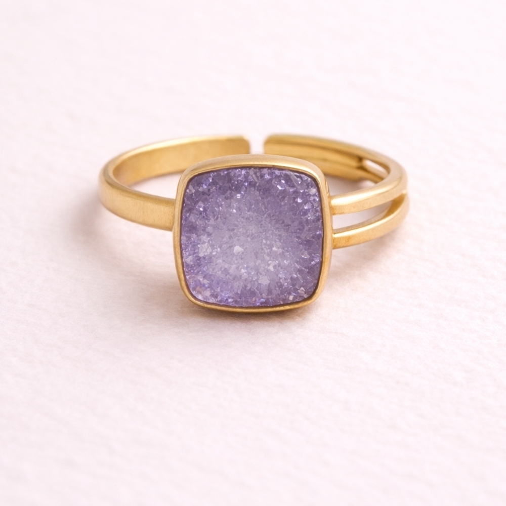 Lavender Druzy Quartz Ring Square Gold Adjustable Sparkle